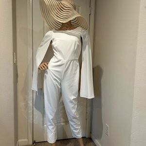 Adrianna Papell White Cape-Sleeve Jumpsuit